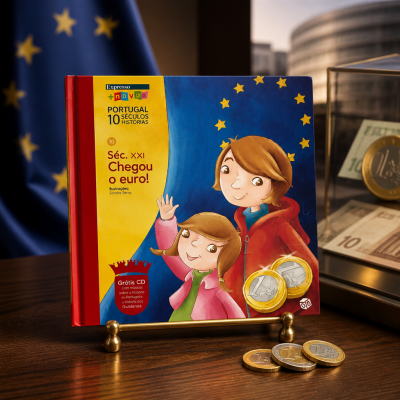 Livro infantil com capa colorida mostrando crianças, texto sobre euro e moedas, em mesa com bandeira europeia ao fundo