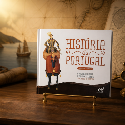Livro História de Portugal em suporte dourado sobre mesa de madeira com fundo de mapa antigo e navios.