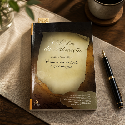 Livro A Lei da Atracção sobre tecido bege com caneta e chávena numa mesa de madeira