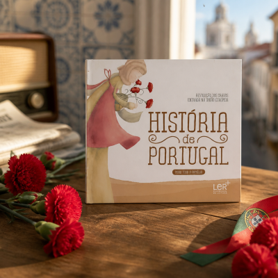 Livro História de Portugal com cravos vermelhos e fita da bandeira de Portugal numa mesa de madeira