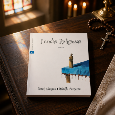 Livro Lendas Religiosas Parte II sobre mesa de madeira com rosário e pano rendado