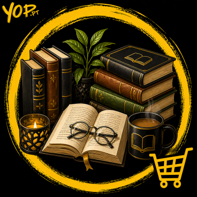 Livros com capas coloridas, óculos, vela, planta, caneca e símbolo de carrinho de compras sobre fundo preto com círculo amarelo.