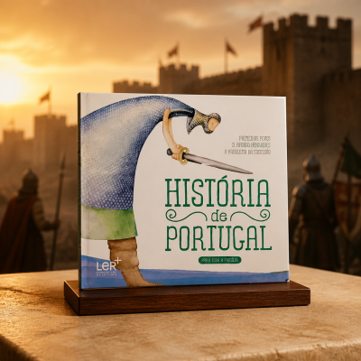 Livro História de Portugal com ilustração de guerreiro medieval e castelo ao pôr do sol