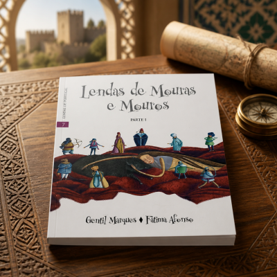 Livro Lendas de Mouras e Mouros sobre mesa de madeira detalhada com pergaminho e bússola, janela com castelo ao fundo