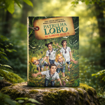 Capa de livro infantil com crianças e vegetação verde