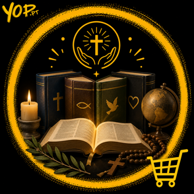 Livros bíblicos com símbolos religiosos, vela, terço, ramo verde e globo terrestre