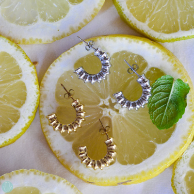 Brincos argola metálicos prateados e dourados sobre fatias de limão e hortelã