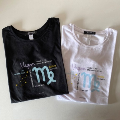 T-shirts preta e branca com estampas do signo de Virgem e texto da marca YPONKA em fundo branco