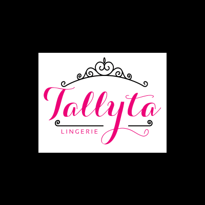 Logótipo da marca Tallyta LINGERIE com letras cor-de-rosa e detalhes gráficos pretos