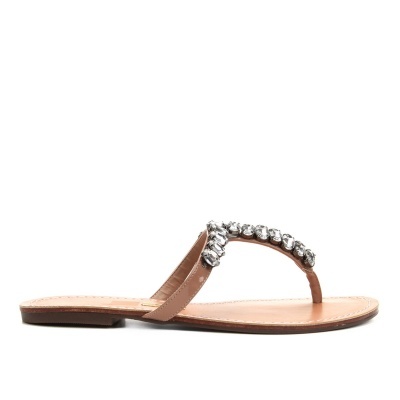 Sandália de dedo feminina castanha com pedras prateadas