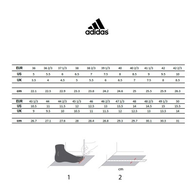 Tabela de tamanhos de calçado Adidas com medidas em várias escalas e instruções de medição de pé