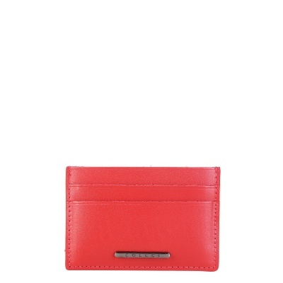 Porta-cartões vermelho em couro com placa metálica e três compartimentos