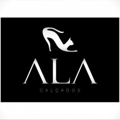 Logotipo preto com salto alto branco e texto ALA CALÇADOS