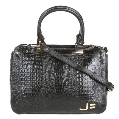 Mala de senhora preta padrão pele de crocodilo com alças e logo dourado