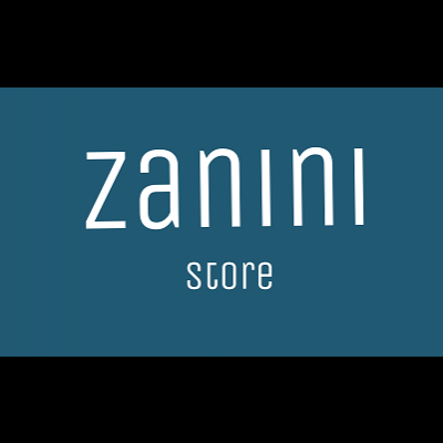 Logotipo com texto 'zanini STORE' em branco sobre fundo azul escuro
