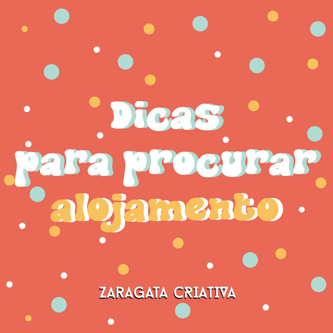 Fundo salmão com pontos coloridos e texto branco e amarelo sobre dicas de alojamento