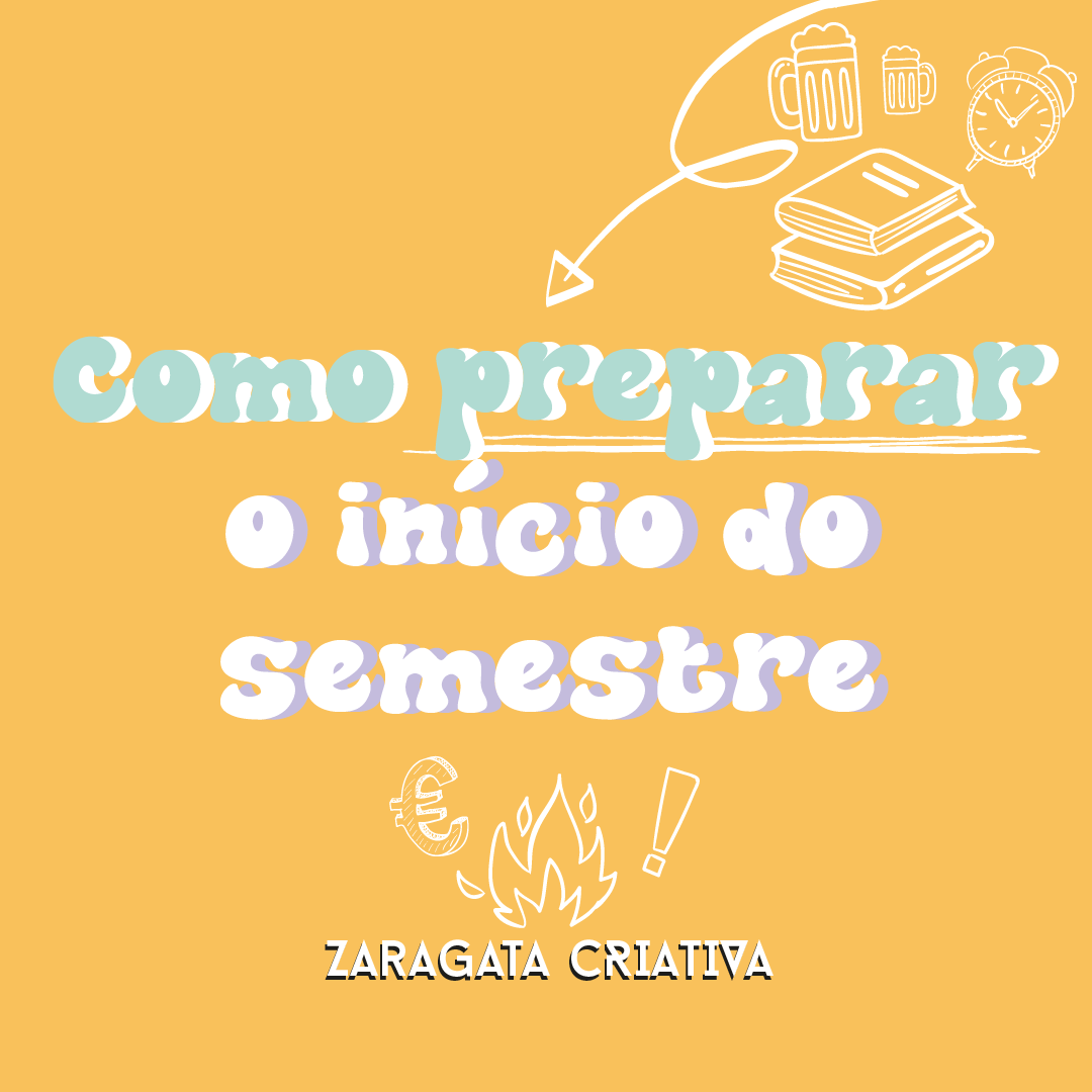 Texto sobre como preparar o início do semestre com ícones de livros, relógio e bebidas num fundo amarelo
