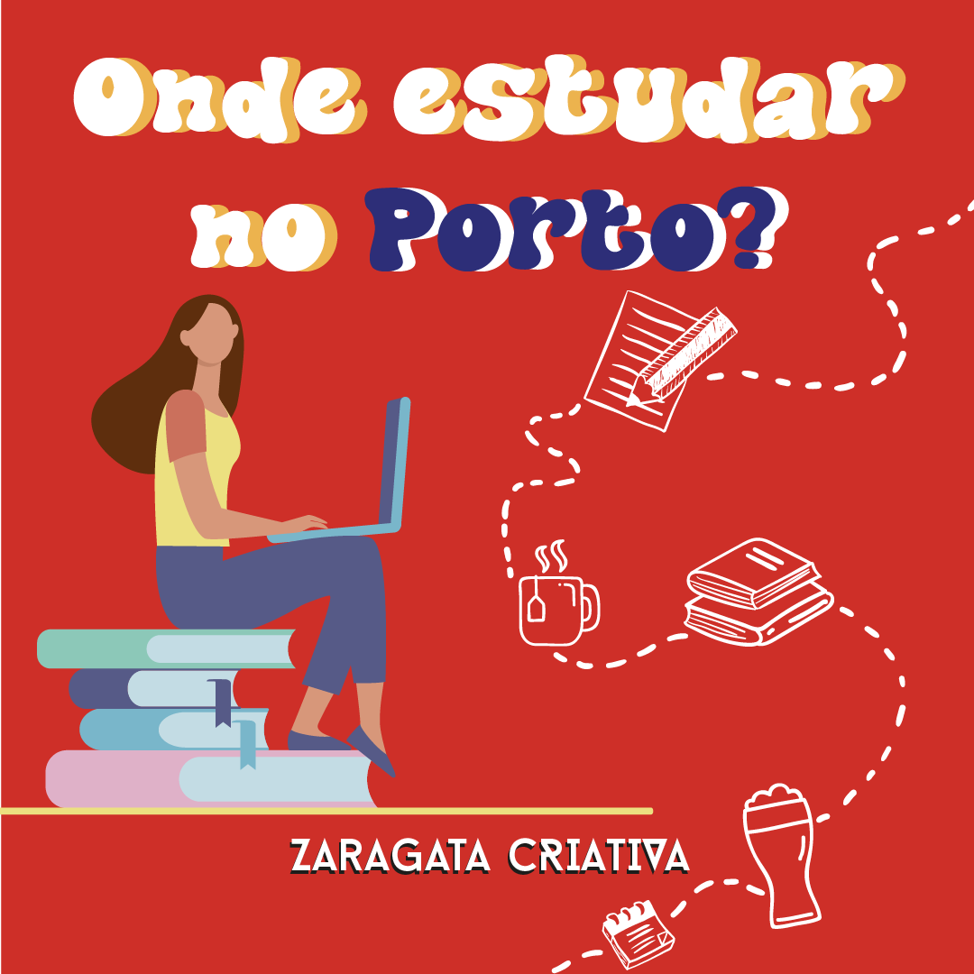 Ilustração de mulher sentada em livros com laptop e texto sobre onde estudar no Porto