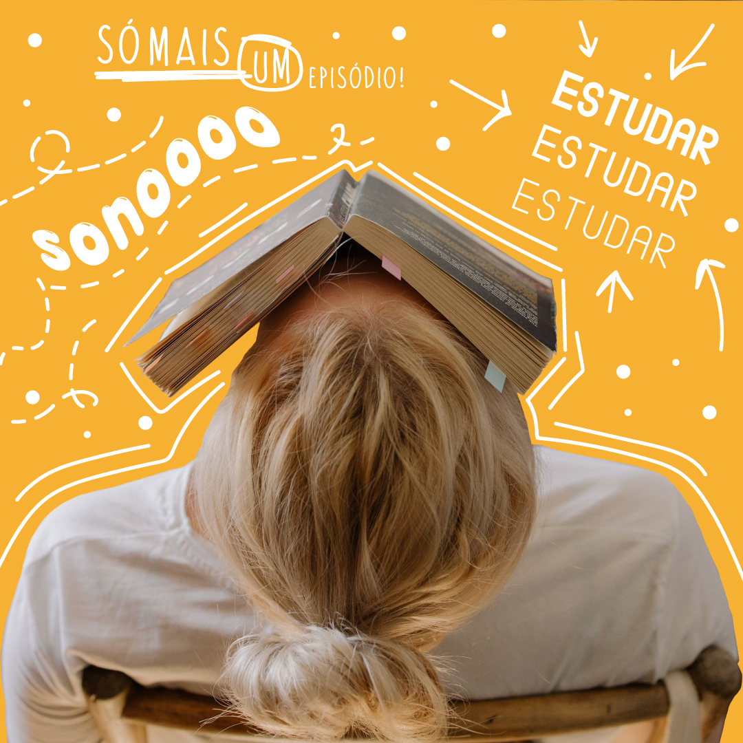 Pessoa com livro aberto na cabeça e texto motivacional no fundo amarelo