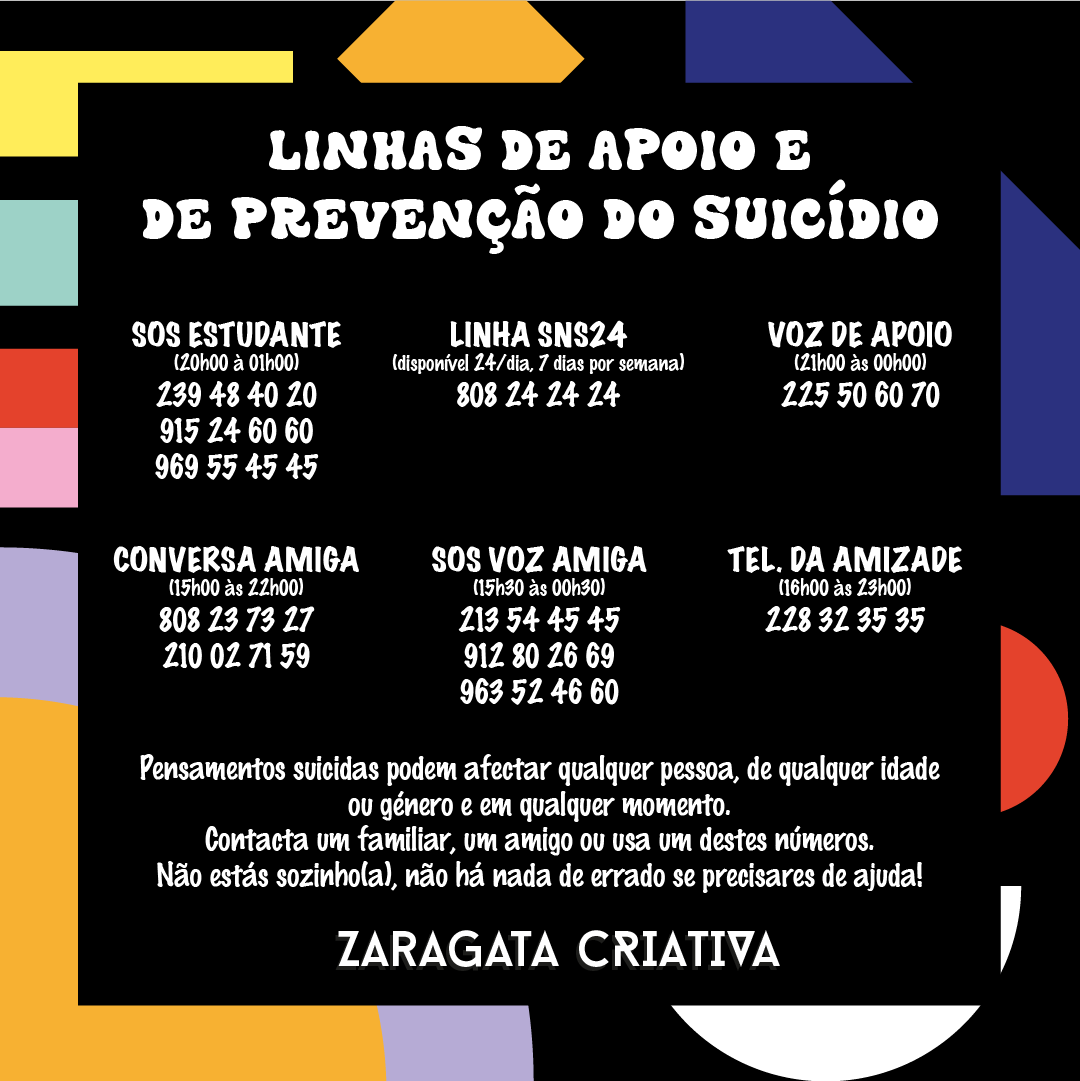 Cartaz informativo com linhas de apoio e prevenção do suicídio em fundo preto e texto branco