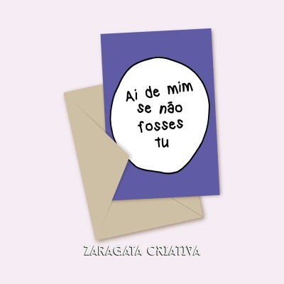 Cartão roxo com envelope bege e texto em português