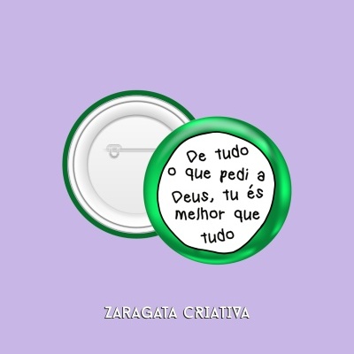 Botão redondo verde com texto religioso em português e fundo roxo