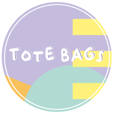 Imagem circular colorida com texto 'TOTE BAGS'