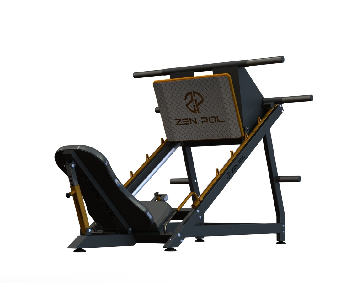 Máquina de leg press cinza escuro com almofadas pretas e logótipo ZEN POL