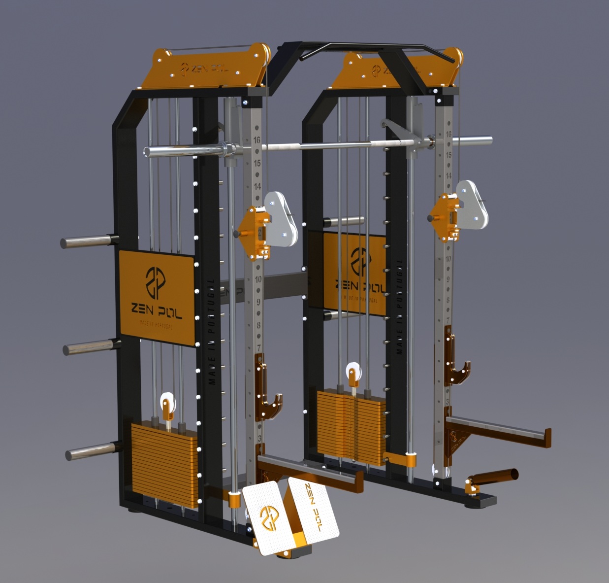 Equipamento de fitness multifuncional para treino de força preto e laranja com logótipo ZEN PUL