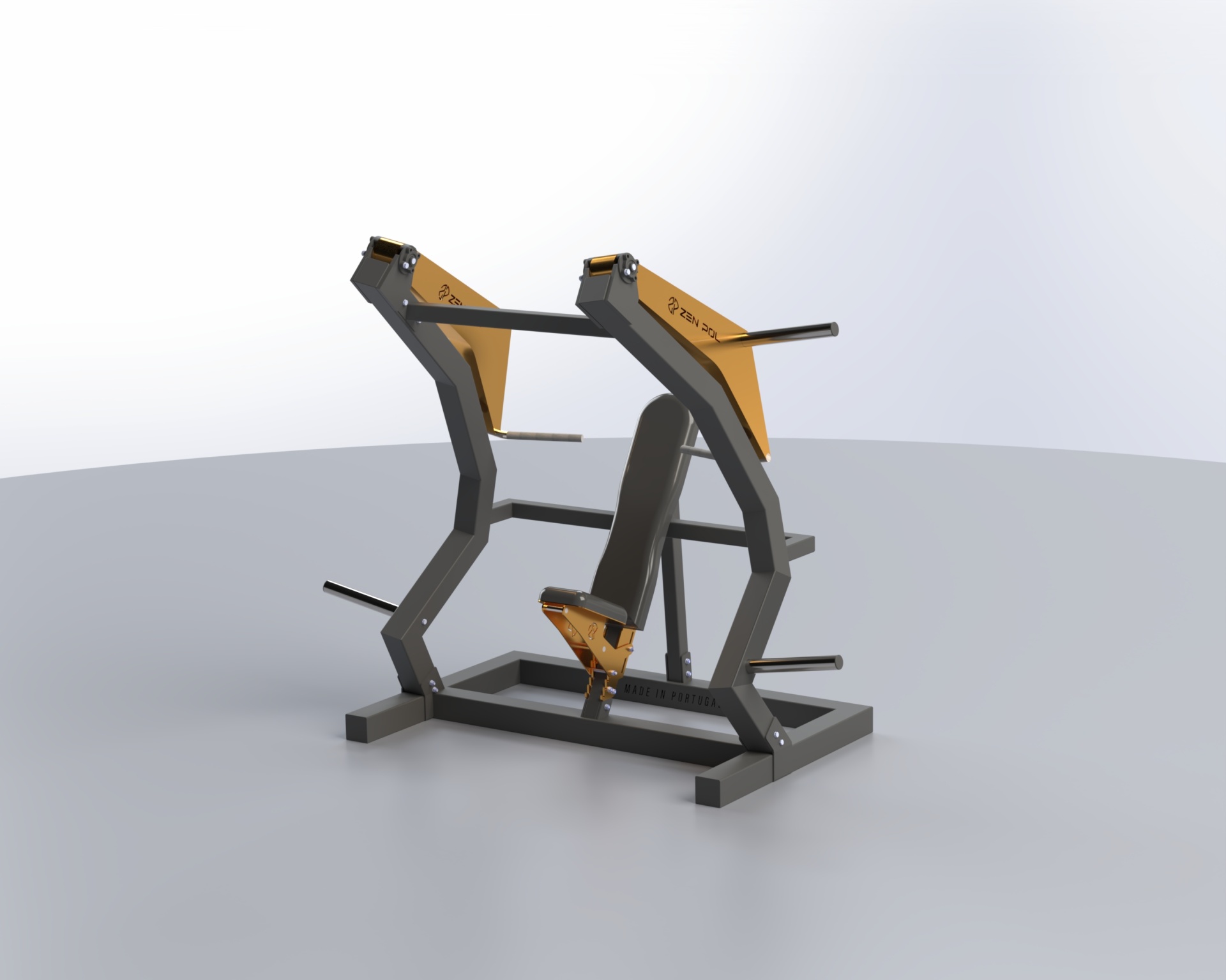 Equipamento de ginásio metálico com assento e suportes amarelos