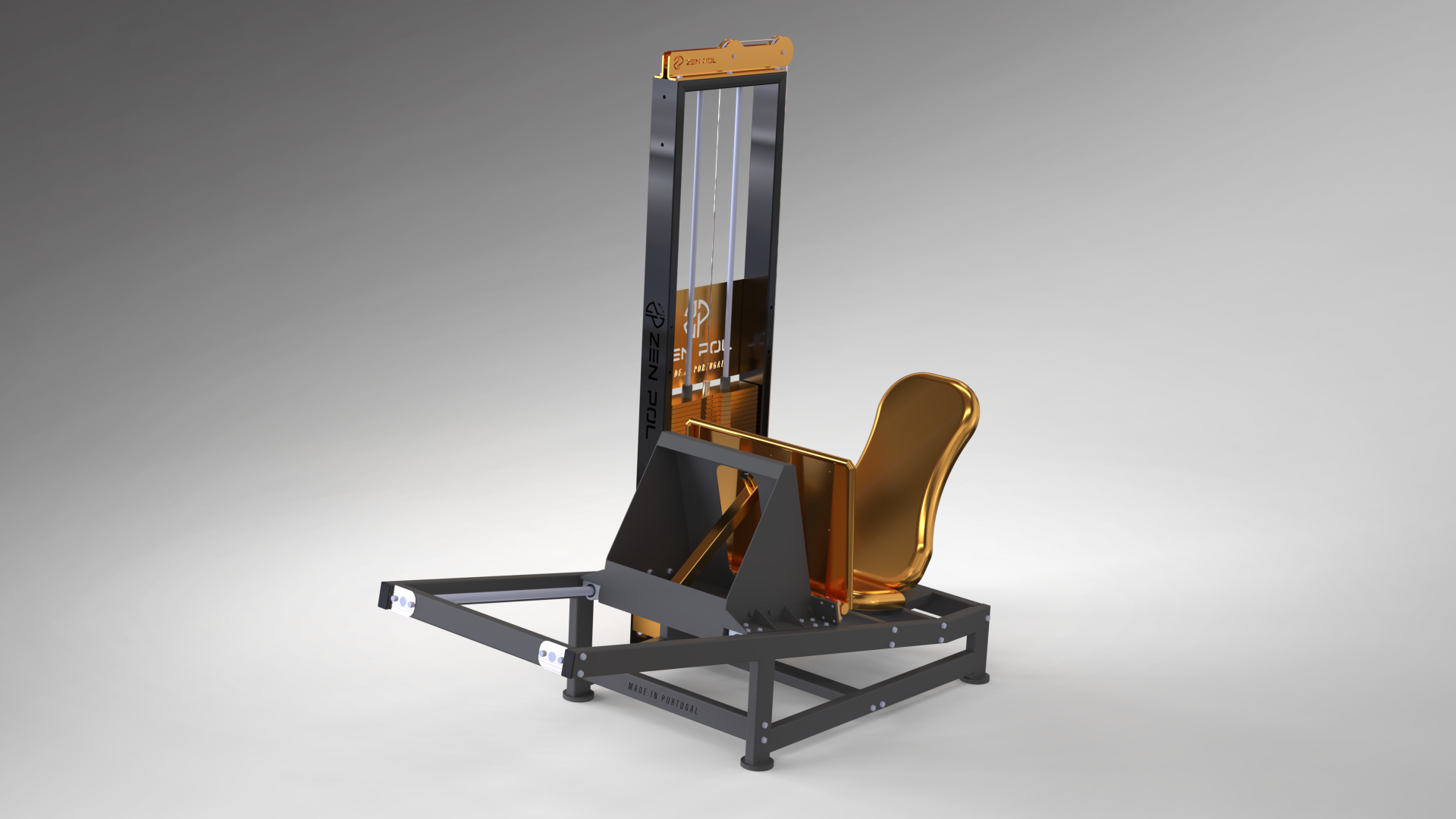 Equipamento fitness metálico com assento dourado e textos ZEN POL
