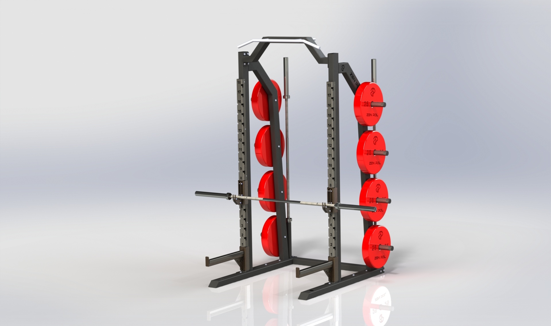 Estrutura metálica preta para treino com discos vermelhos e barra de musculação