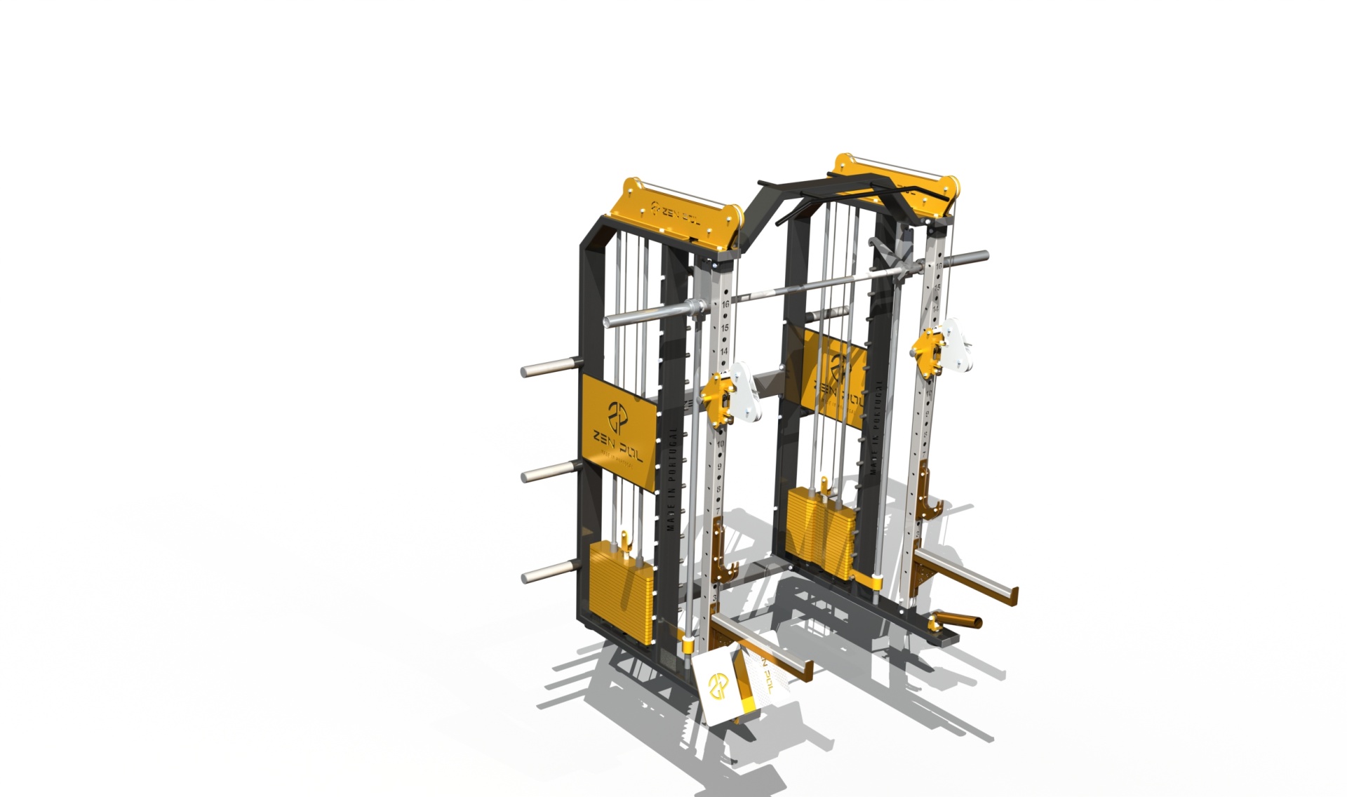 Equipamento multifuncional de musculação preto e amarelo