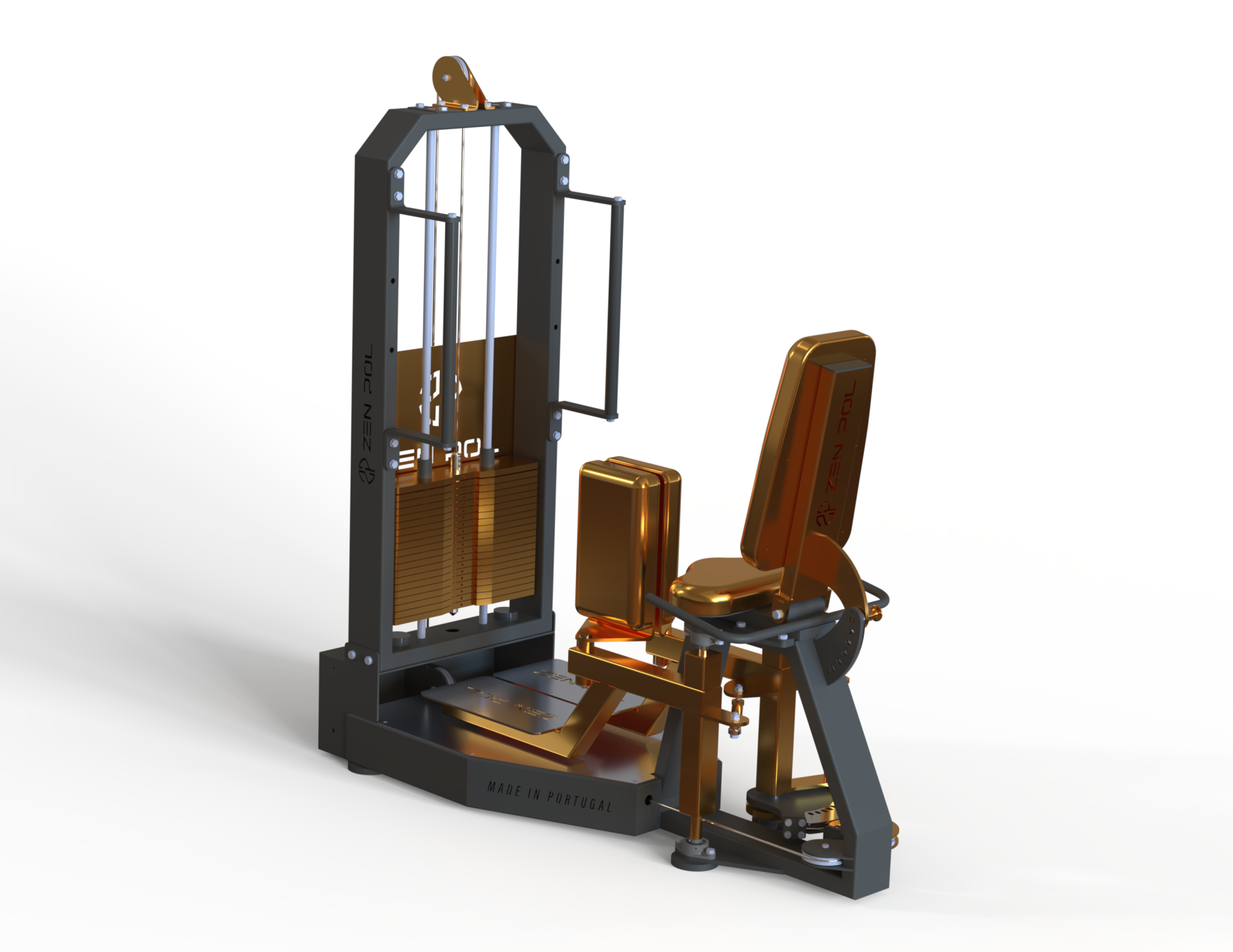 Máquina de exercício de musculação preta e dourada com assento acolchoado e pesos empilhados