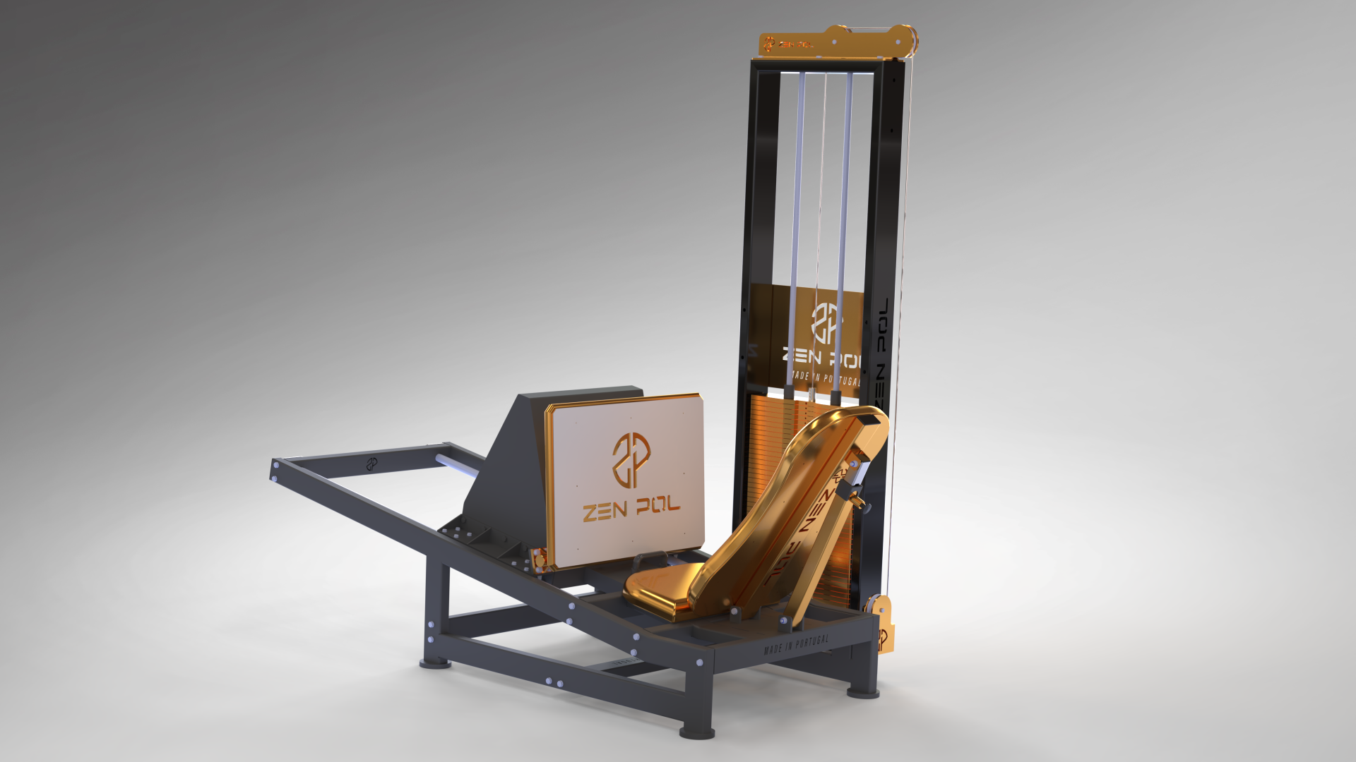 Equipamento de ginásio metálico preto e dourado com assento acolchoado e pesos.