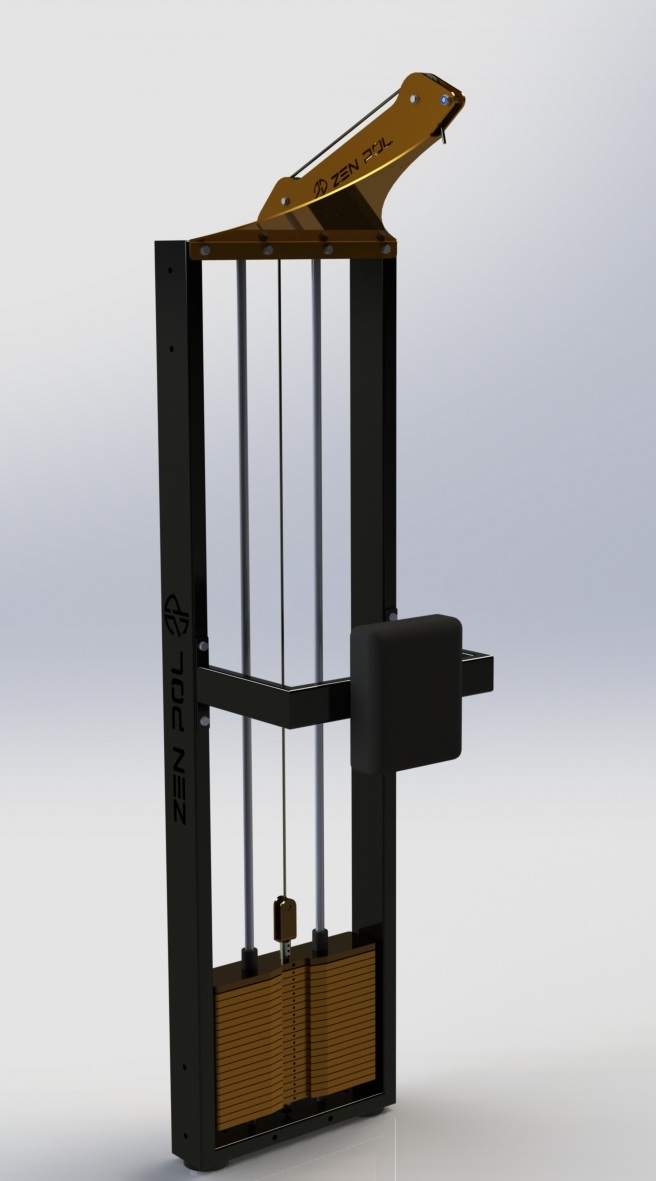 Equipamento de exercício musculação preto e dourado com texto ZEN POL