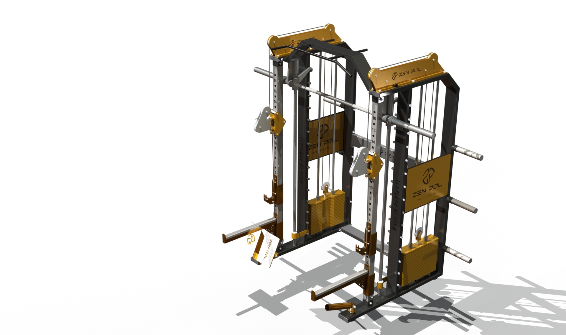 Máquina de musculação preta e amarelo dourado com cabos e pesos ajustáveis