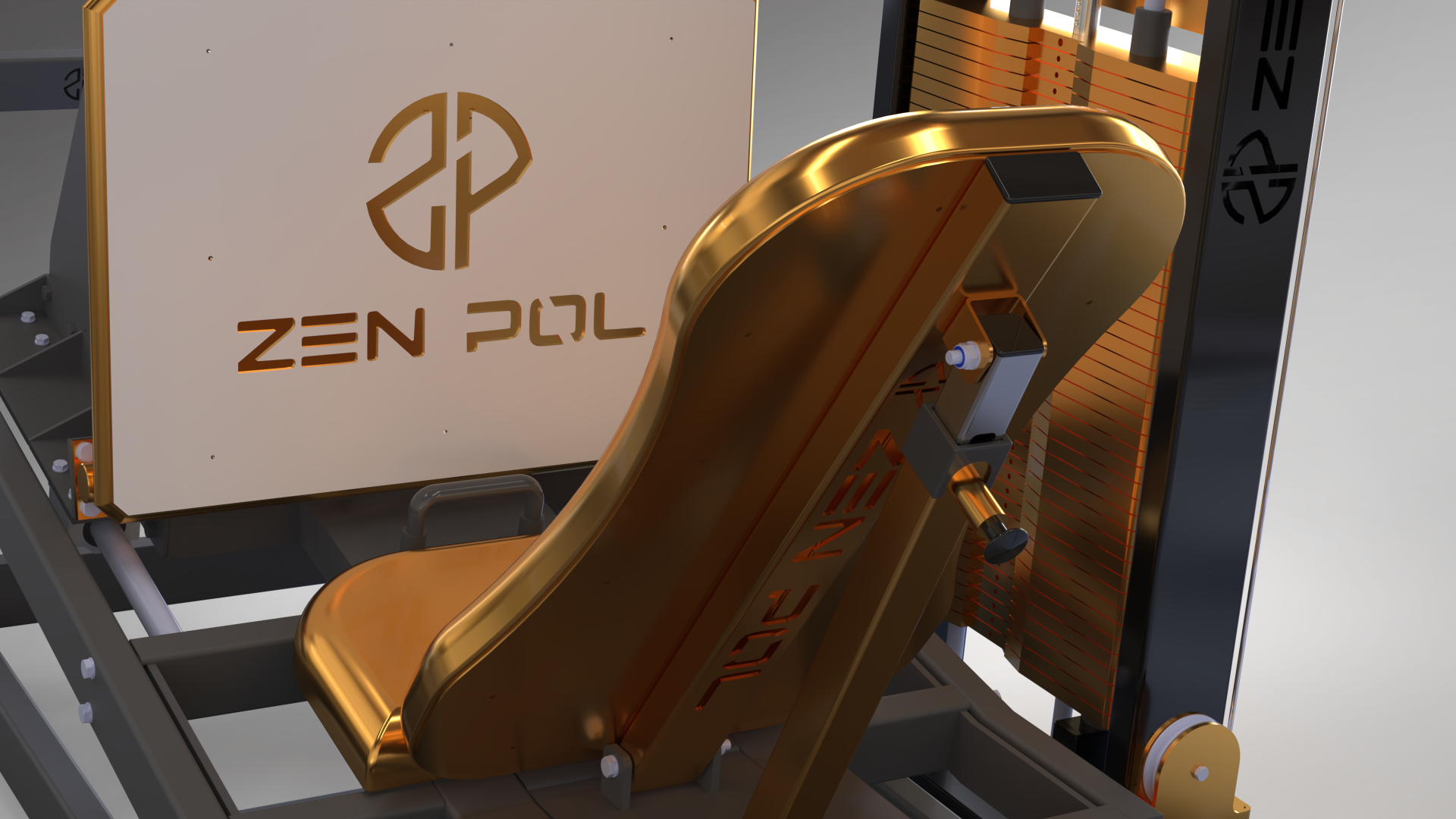 Máquina de exercício preta com detalhes dourados e assento estofado dourado com inscrições Zen Pol