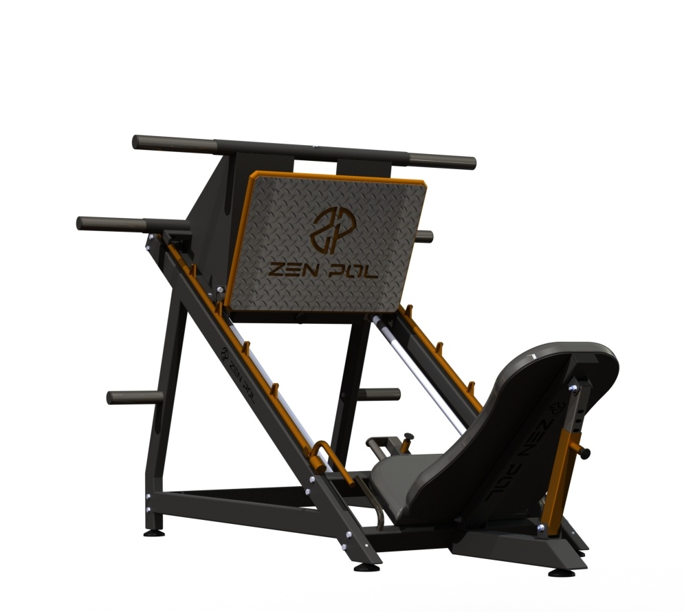 Máquina de leg press ZEN P18L em metal preto e detalhes dourados com almofada cinza