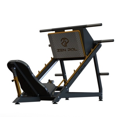 Máquina de leg press cinza escuro com almofadas pretas e logótipo ZEN POL