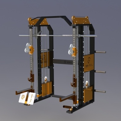 Aparelho de treino multifunções cinzento e laranja com barra e pesos ajustáveis