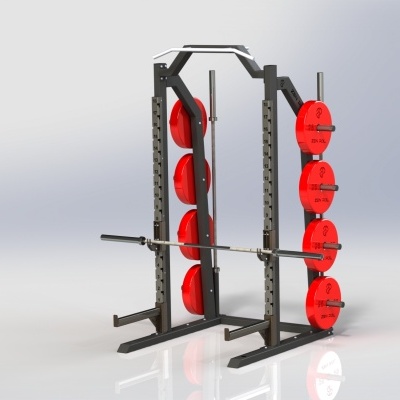 Estrutura metálica preta para treino com discos vermelhos e barra de musculação