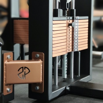 Máquina de musculação com pesos em placas bronze e estrutura preta em ginásio