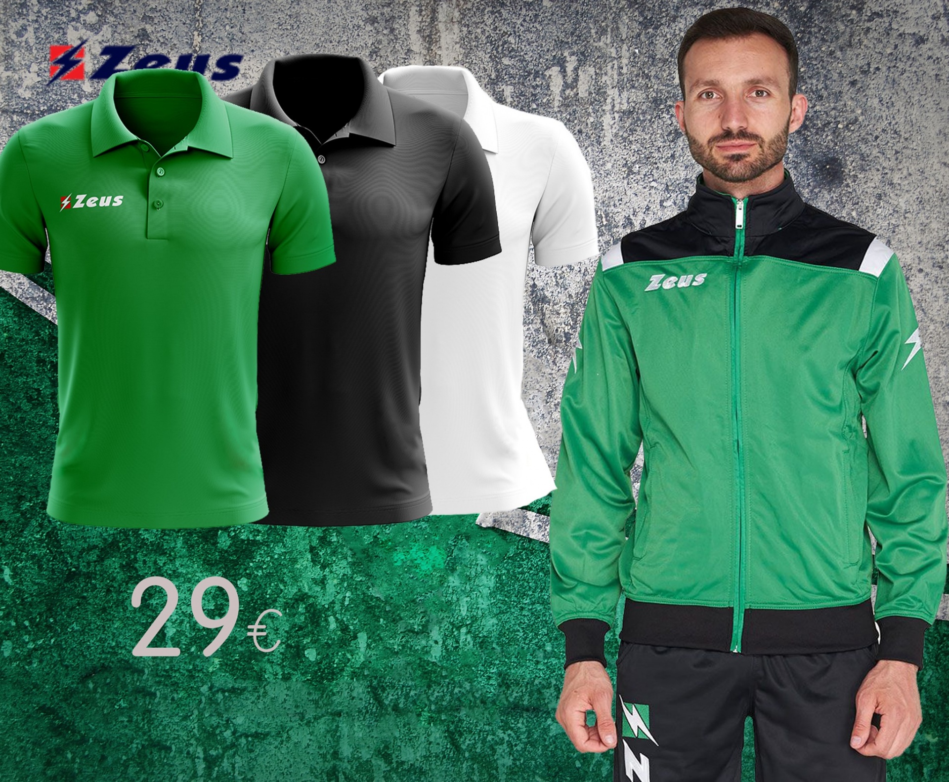 Três polos Zeus verde, preto e branco e homem com casaco verde e preto, fundo cinza texturizado
