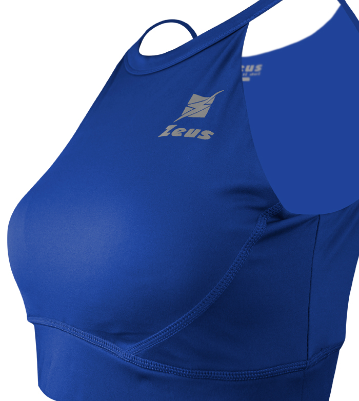 Top desportivo azul com logo branco Leus no peito