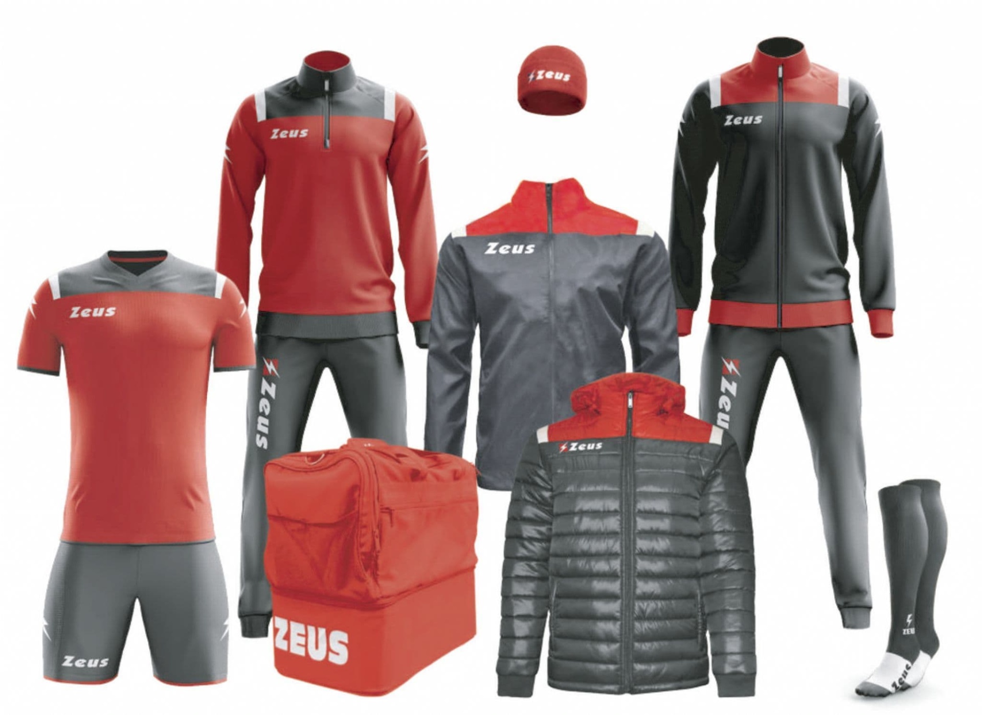 Conjunto de roupa desportiva com camisolas, calções, calças, casaco, gorro, meias e saco de transporte, predominantemente em vermelho, cinzento e preto com a marca ZEUS.