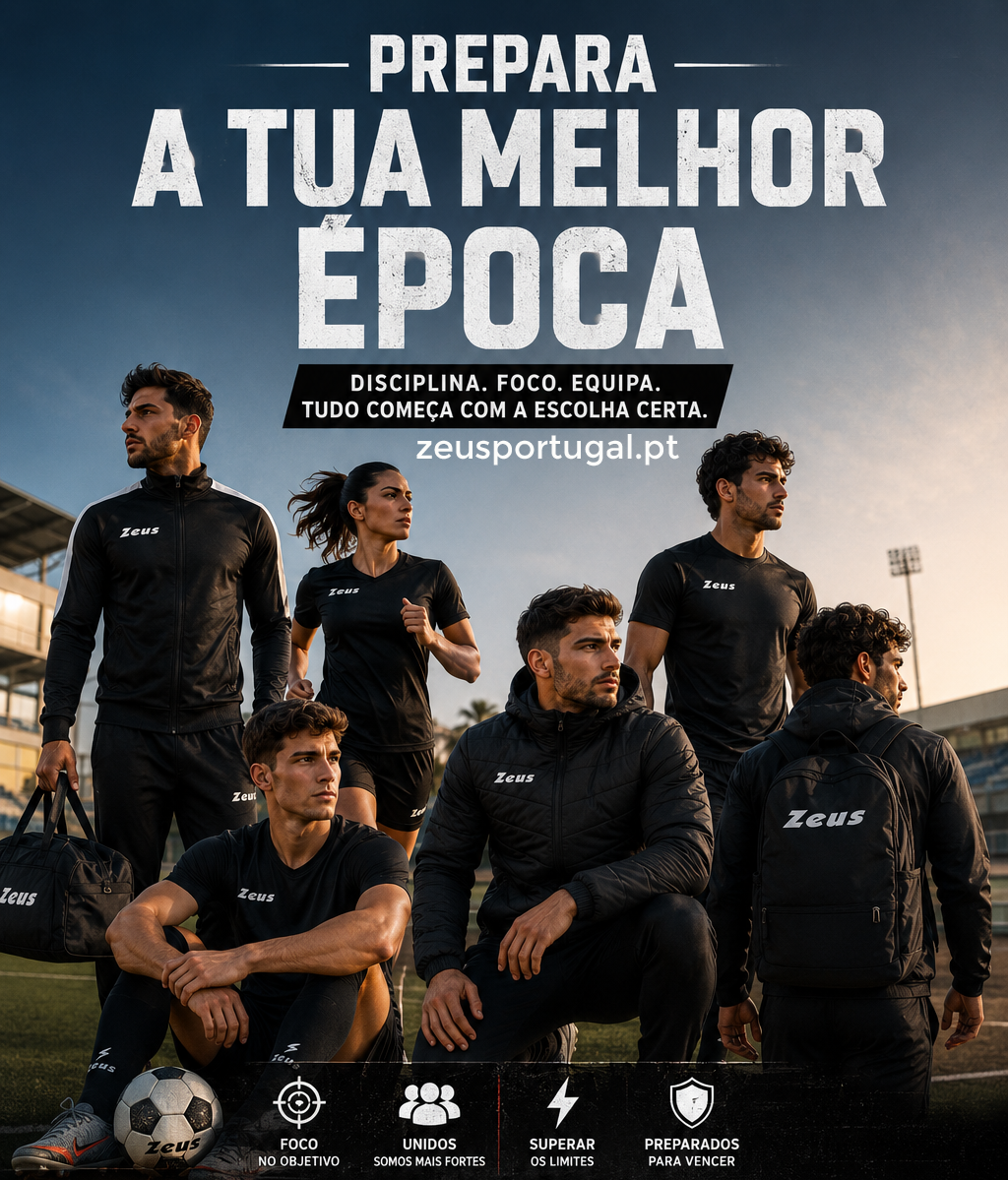 Seis atletas com roupa desportiva preta Zeus num estádio ao ar livre, texto PREPARA A TUA MELHOR ÉPOCA ao fundo