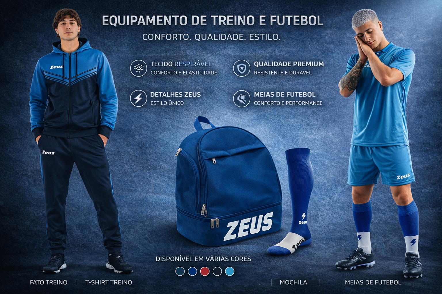 Equipamento treino futebol Zeus com fato treino azul e preto, t-shirt azul, mochila azul e meias futebol azuis e brancas