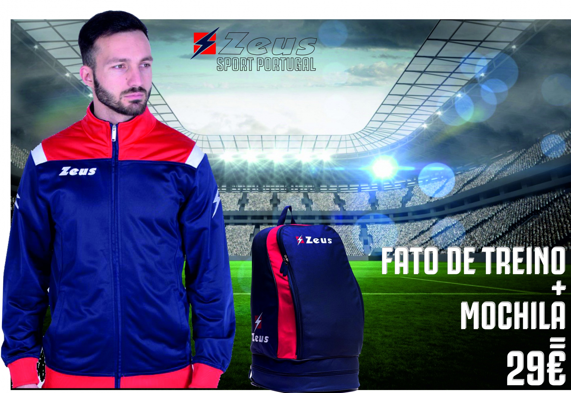 Fato de treino azul escuro com mochila preta e vermelha no estádio de futebol