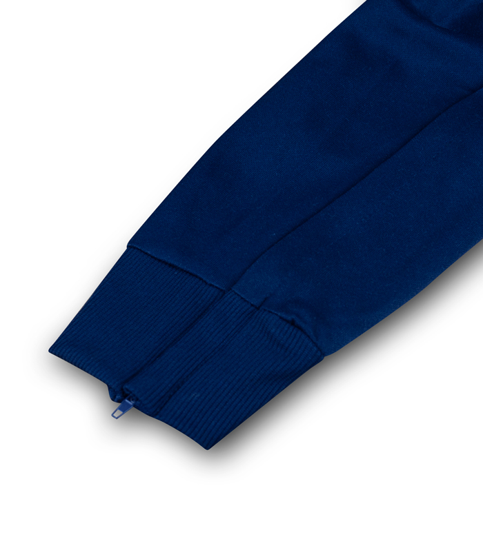 Manga azul escura com punho canelado e fecho de correr